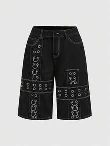 ROMWE Grunge Punk Y2K朋克街头风金属铆钉镂空十字刺绣宽松牛仔短裤 - 黑色 - 查看 1