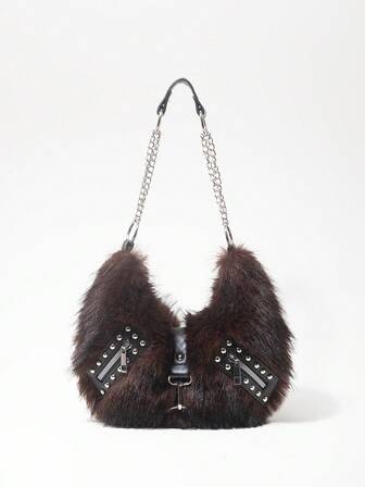 Grunge Punk Borsa a spalla da donna, borsa hobo, in pelliccia sintetica, morbida e soffice, con borchie, alla moda, personalizzabile, versatile, da strada, dolce e cool, per ragazze, punk, stile Y2K, per uso quotidiano, adatta per autunno e inverno (motivo casuale)