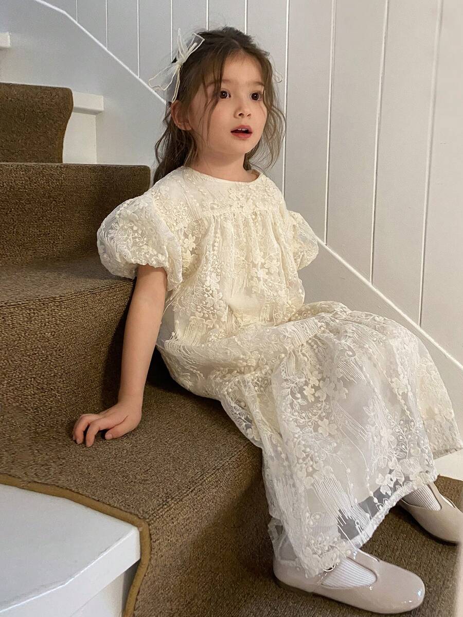 DAZY Young Girls Round Neck Party Birthday Lace Patchwork Puff Sleeve Birthday Dress Spring - Apricot - View 1