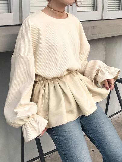 FRIFUL 女士休闲撞色拼接抽绳腰带T恤，秋季长袖