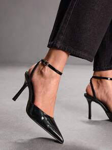 CUCCOO SZL 米色PU撞色蕾丝拼接时尚优雅性感露跟尖头高跟鞋情人节 - 黑色PU - 查看 9