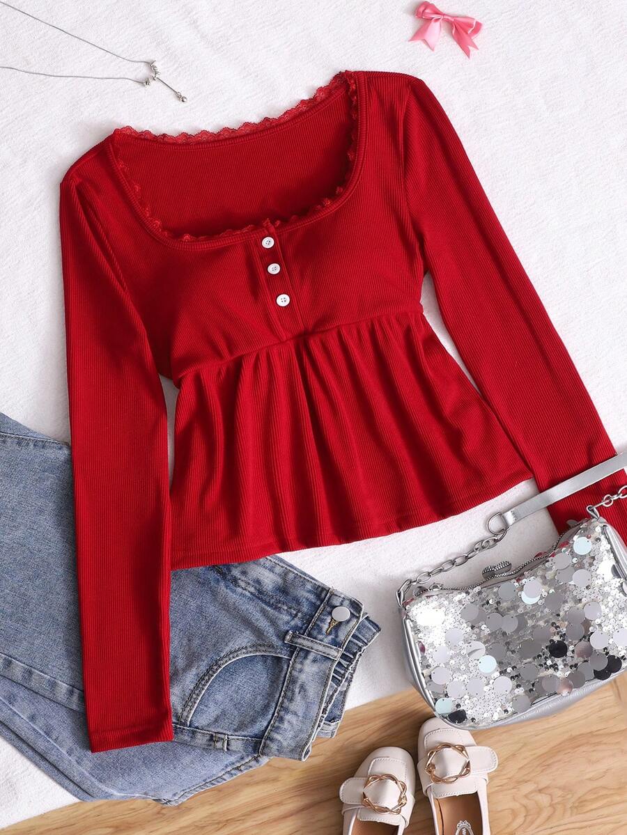 少女休闲可爱荷叶边领泡泡袖T恤，适合女学生日常穿着 - 酒紅色 - 查看 1