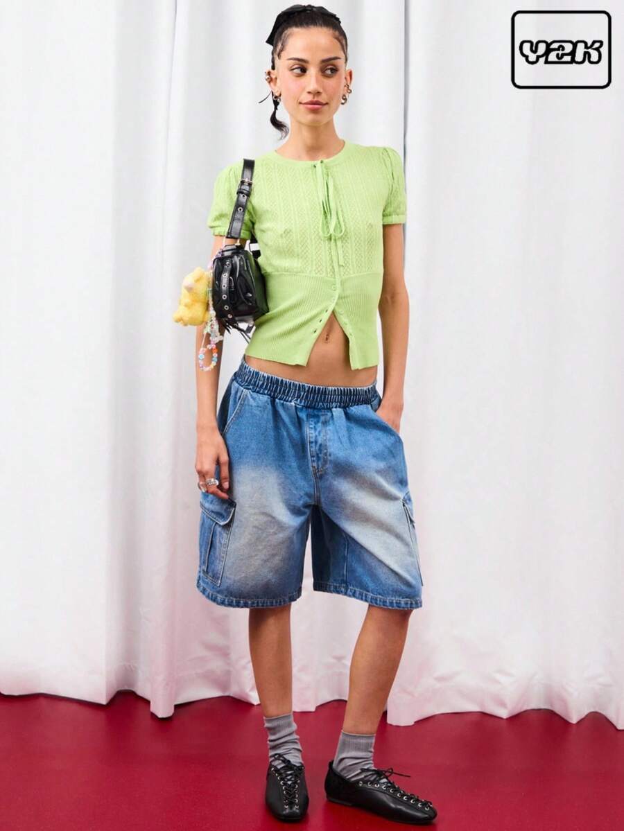 COUREZ Low Waist Elasticated Waistband Cargo Denim Shorts /Y2K  Women Clothes  Clothes Casual Cute Elegant Vacaction Summer Back To School - Light Wash - View 1