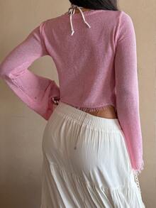 Sunnyshic Women's Pink Fringe Trim Tie Front Casual Sexy Fashionable Versatile Shiny Elegant Cardigan, Summer - Pink - View 2