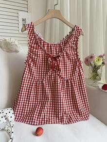 Comfortcana Áo hai dây kẻ caro đỏ trắng phong cách nghỉ dưỡng ngọt ngào cỡ lớn có nơ trang trí, mùa xuân/hè - Đỏ và trắng - Xem 5