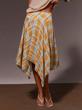 Athîral Women's Casual Plaid Print A-Line Skirt, Loose Fit, Irregular Hem, Comfortable And Soft Woven Fabric,Spring Outfit Women,Holiday Outfits For Women,Vacation Outfits For Women,Summer Holiday Outfits,Going Out Skirt For Women,Beach Outfits For Women,Spring Plaid Print Skirt