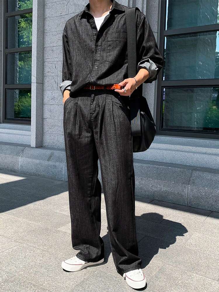 Men's Solid Color Washed Denim Suit, Spring/Autumn