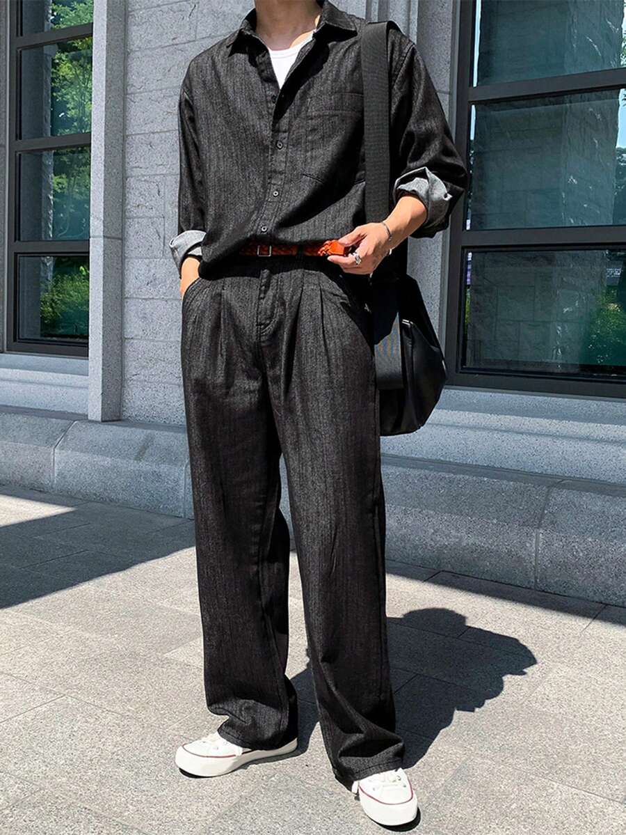 DAZY 男士纯色水洗牛仔西装，春秋季 - 黑色 - 查看 1