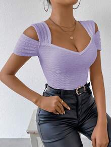 RosyDaze Women's Sexy Off-Shoulder Fitted T-Shirt, Summer - Purple - View 6