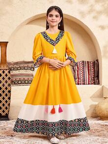 SHEIN Tween Girl Bohemian Style Geometric Patchwork Tassel Dress - Yellow - View 5