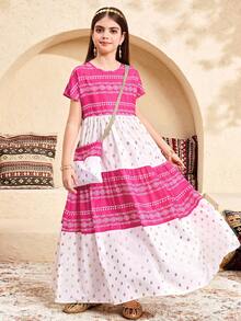 SHEIN Tween Girl Retro Print Color Block Round Neck Short Sleeve A-Line Midi Dress - Hot Pink - View 6