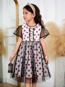 Young Girls Apricot Floral Lace Contrast Mesh Puff Sleeve Ditsy Floral Waist Cinched Mesh Dress, Summer Children Princess Dress Grey Dresses For Girls Floral Mesh Dress For Girls Cherry Dress Kids Kids Brunch Dresses Kids Arabic Dress