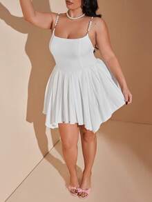 SHEIN BAE 大码女式方领珍珠吊带迷你连衣裙，泡泡裙，公主风派对连衣裙 - 白色 - 查看 7