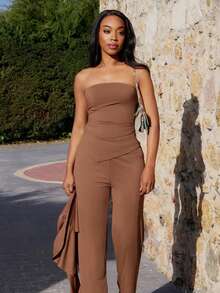 Yess Loren 3pcs/Set Women Solid Color Fitted Outfit - Brown - View 5