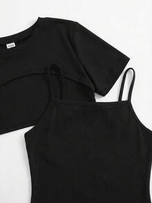 SHEIN Set de 2 piezas de top corto acanalado informal y vestido mini ajustado para adolescentes, color gris claro - Negro - Ver 6