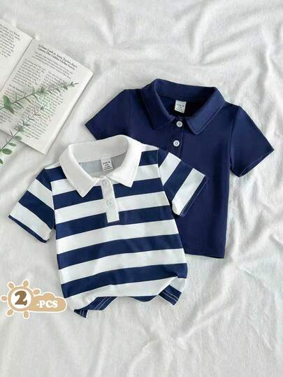 SHEIN 宝宝夏季POLO衫上衣两件套，采用针织面料，宽松版型，厚度适中，藏青色调沉稳大气，条纹印花时尚亮眼，展现休闲活力的风格。POLO领设计增添一丝优雅气质，适合出游，搭配牛仔短裤和运动鞋，宛如帅气小绅士，居家休闲，婚礼，度假，学校学习，演出活动，参加聚会