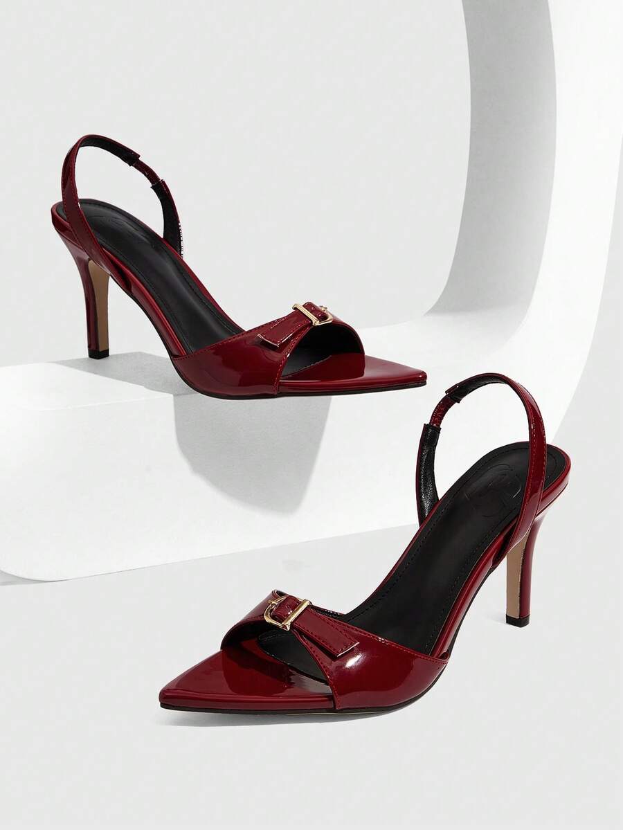 CUCCOO SZL Women's Pointed Toe Stiletto High Heel Sandals, Metal Buckle Design, Sexy Elegant Chic Fashion, Suitable For Date, Afternoon Tea, Party, Evening, Daily Commute - Burgundy - View 1