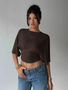 Aloruh 女士纯色圆领蝙蝠袖短袖荷叶边露脐休闲两件套T恤，适合日常穿着，百搭两件套T恤，棕色T恤，黑色T恤 - 彩色 - 查看 6