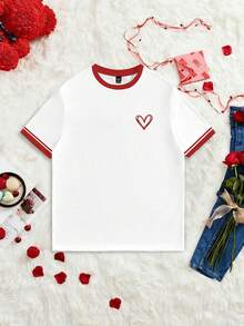 Manfinity Homme Men's Valentine's Day Romantic Heart Pattern T-Shirt, Couple T-Shirt, Red Heart, Unisex- Red Heart Couple Tshirt Red And White Graphic Tees - Multicolor - View 6
