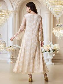 Al Najma 女士缺口领蕾丝拼接几何印花阿拉伯风格连衣裙 - 黃色 - 查看 8