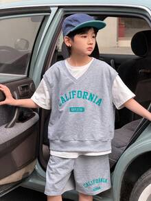 SHEIN Little Byeori 3件套儿童/青少年男童休闲日常舒适字母印花圆领背心、纯色圆领短袖T恤、纯色针织短裤三件套 - 彩色 - 查看 5