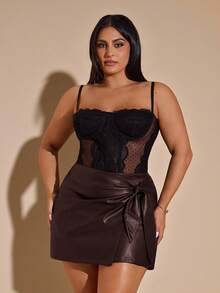 SHEIN BAE Chân váy chữ A bằng da PU màu đỏ tía cỡ lớn dành cho nữ, đầu thu - Cà phê nâu - Xem 4