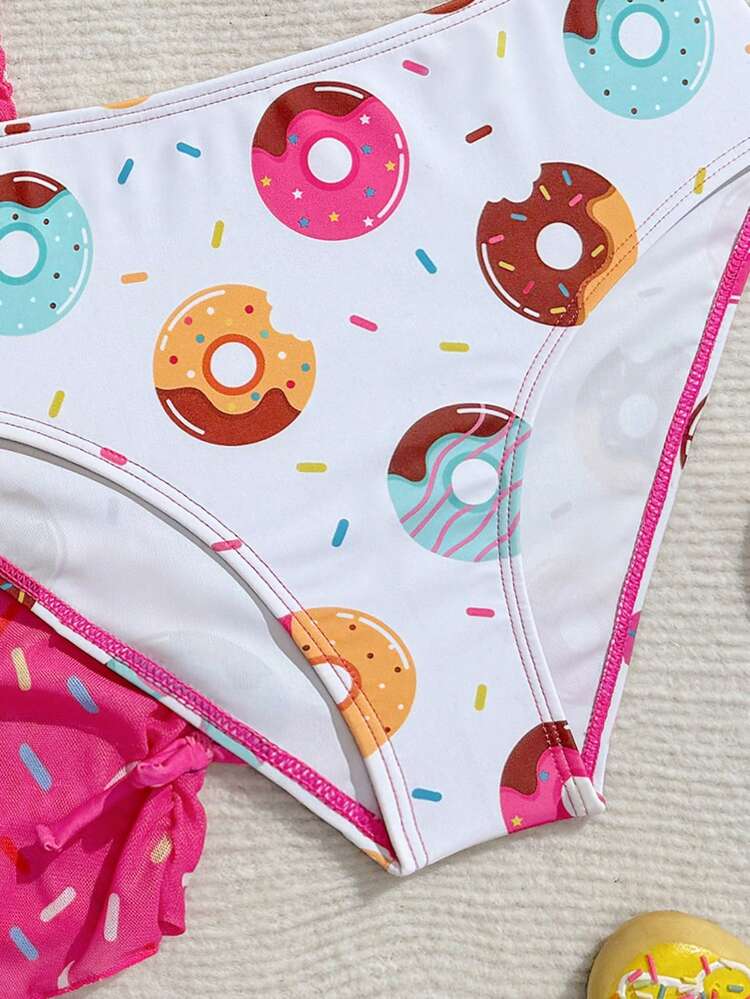 SHEIN Conjunto de 3 piezas de traje de baño para niñas: Top y Bottom de bikini estampado, falda de malla. Lindo estampado de rosquilla, adecuado para la playa, la piscina, el verano y las vacaciones - Multicolor - Añade 5