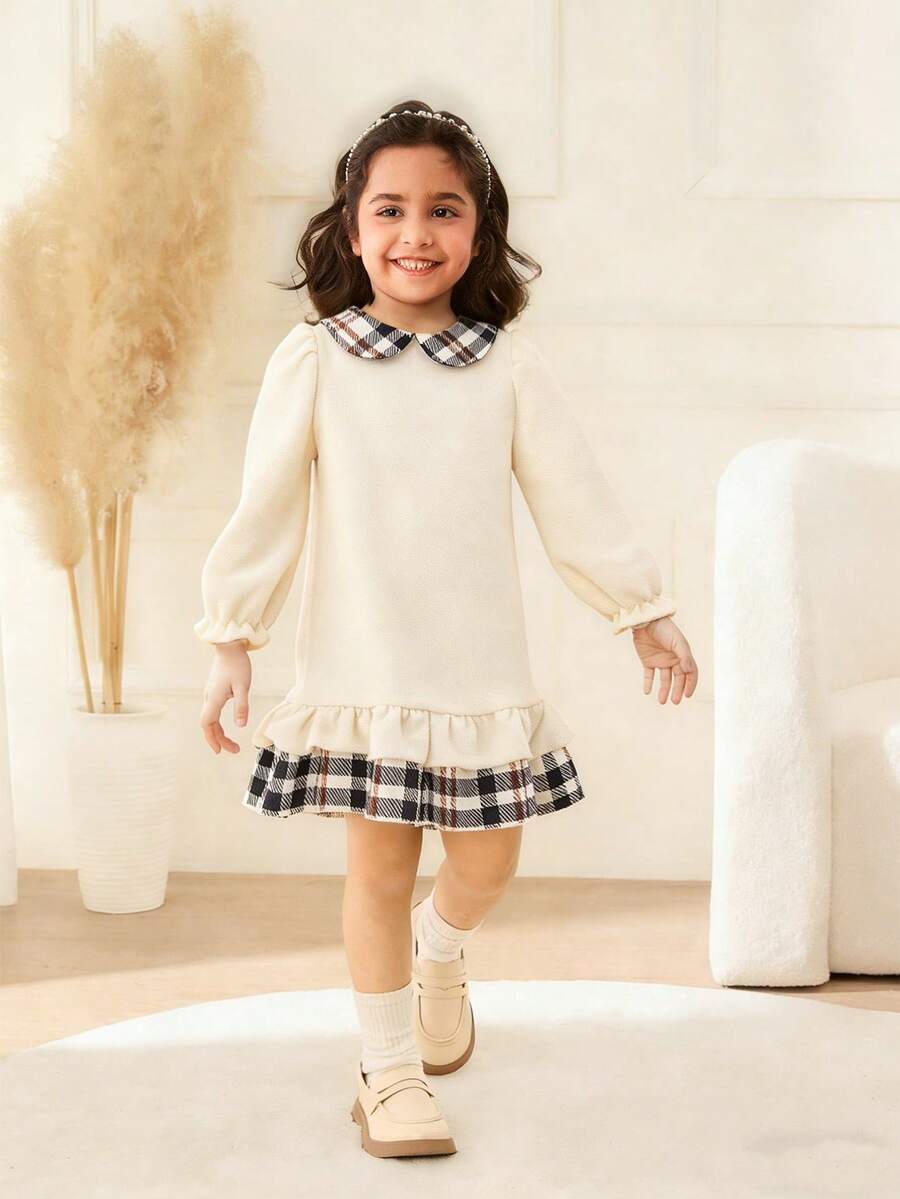 Đầm dài tay cổ kẻ caro phối nhiều mảnh, kiểu dáng thường ngày, tay bồng, dành cho bé gái. - Màu be - Xem 1