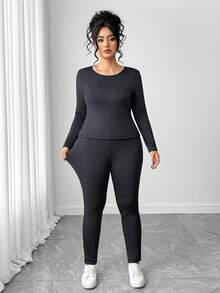Elenzga 2pcs/Set Comfortable Black Plus Size Long Sleeve Top And Pants Loungewear Set, Autumn/Winter - Grey - View 3