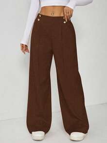 SHEIN EZwear 大码优雅休闲金属双扣直筒办公裤，秋冬款 - 棕色 - 查看 7