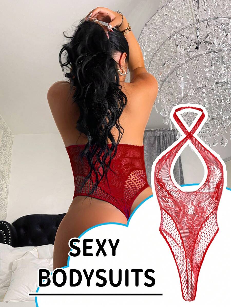 ChaseTheNight Bộ đồ liền thân lưới lưới màu xanh gợi cảm không tay co giãn cao dành cho nữ, thích hợp mặc đi biển, đi biển, tiệc tùng và sự kiện khi đi chơi - Đỏ - Xem 1