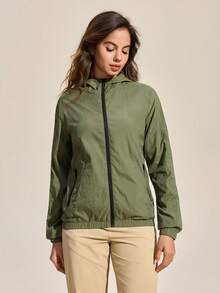 Exploreva Chaqueta casual suelta con capucha, manga larga y cremallera para mujer para uso al aire libre - Verde Oliva - Ver 3