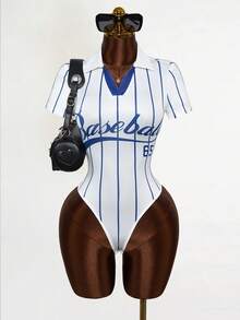 Mistrie 女士休闲时尚街头风条纹字母印花V领连体衣，夏季 - 白色 - 查看 3