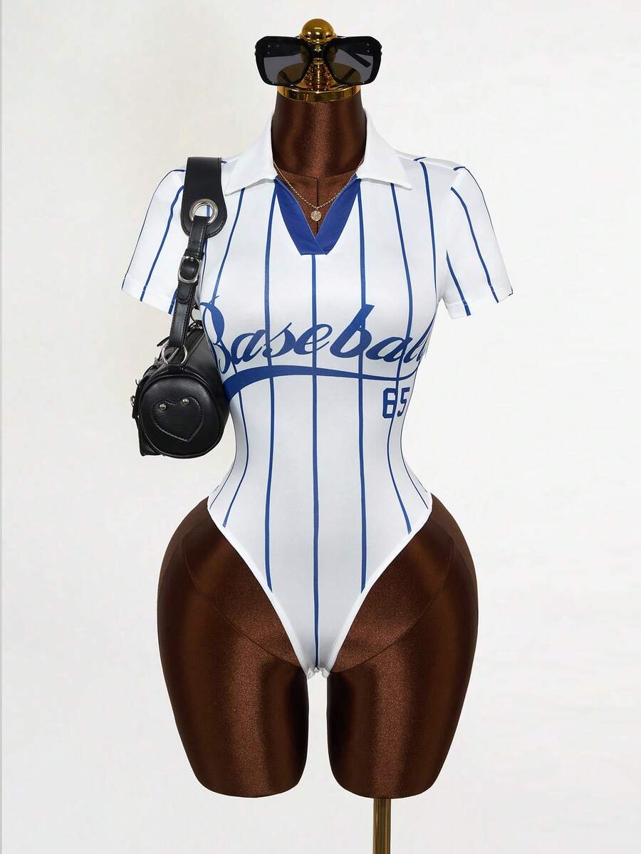 Zestiva Áo liền thân nữ cổ chữ V in chữ kẻ sọc, phong cách đường phố, thường ngày, thích hợp cho mùa hè. - trắng - Xem 1