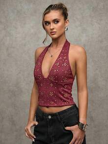 SHEIN BAE Women's Sexy Fashion Rivet Decor Backless Halter Neck Fitted Crop Top, Summer - Burgundy - View 6
