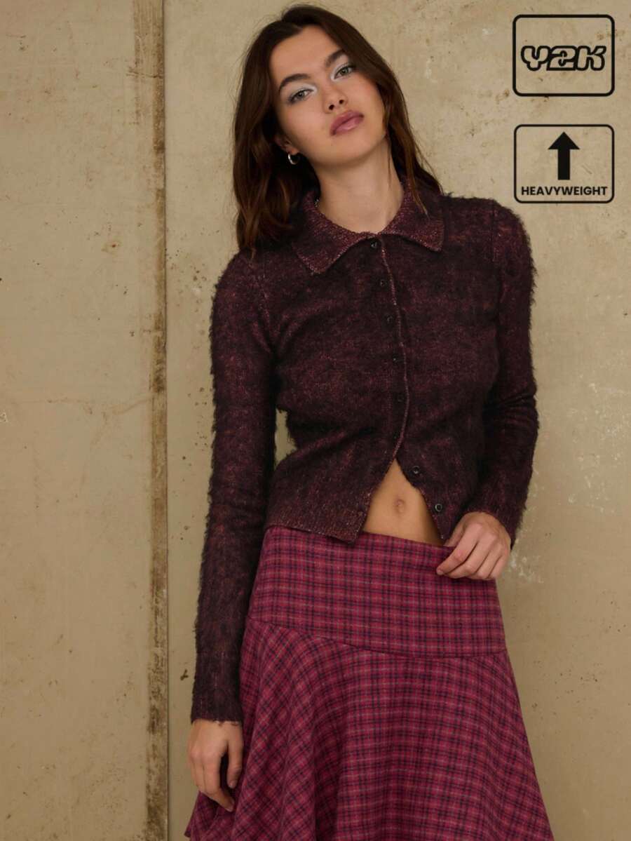 COUREZ 长袖磨毛针织修身开衫/Y2K秋冬女装可爱舒适冬季穿搭红色毛衣纽扣上衣外出上衣派对装新年装