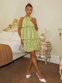 Glamine Charm Đầm ngắn hở lưng gợi cảm đính sequin dành cho nữ, thích hợp cho mùa hè. - màu xanh lá - Xem 3