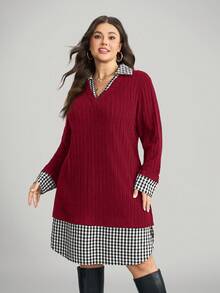 Comfylo 大码纯色格子拼接长袖连衣裙 - 紅色 - 查看 3