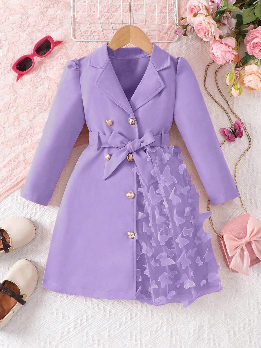 优雅少女外套，长袖翻领配腰带，左侧蝴蝶网纱装饰，迷人可爱 - 紫色 - 查看 1