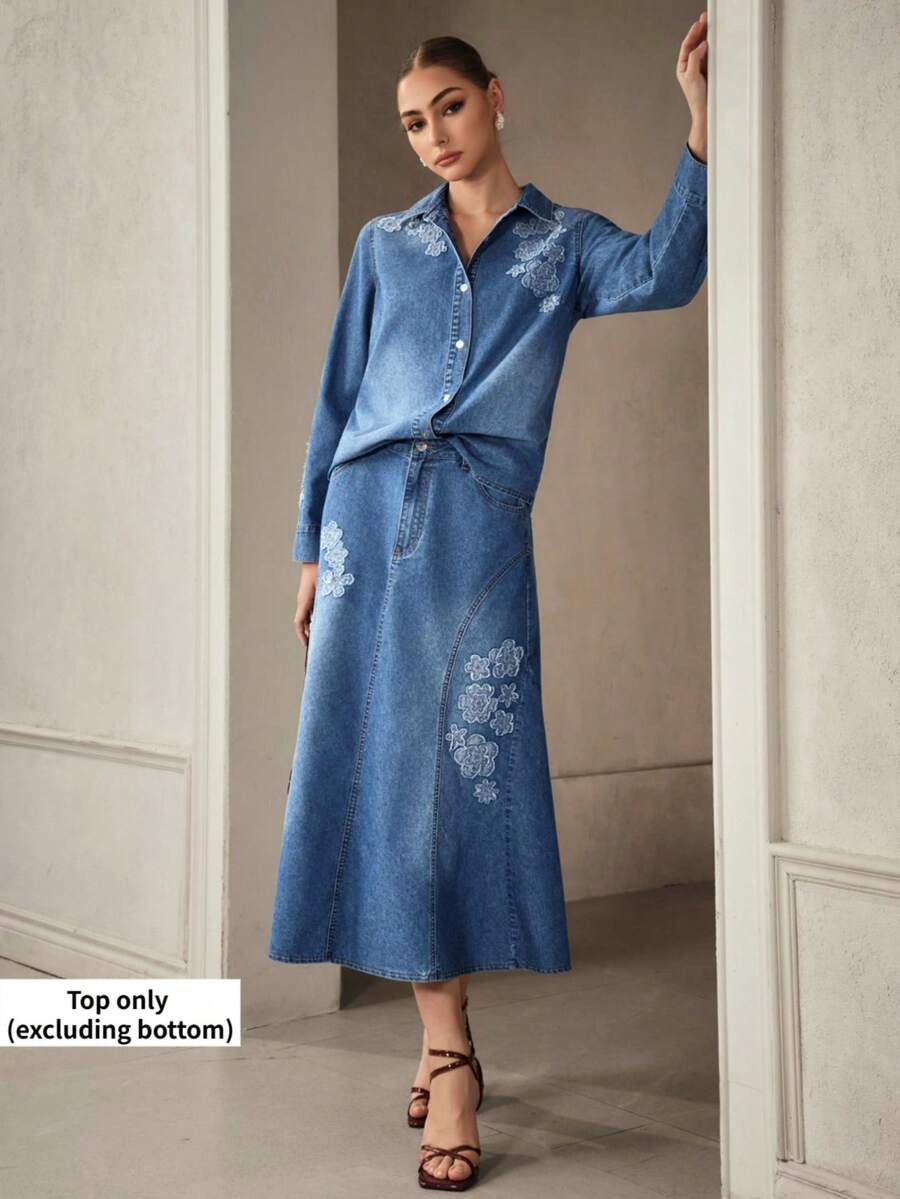 Selenza Women's Applique Long Sleeve Single-Breasted Casual Denim Shirt - Medium Wash - View 1