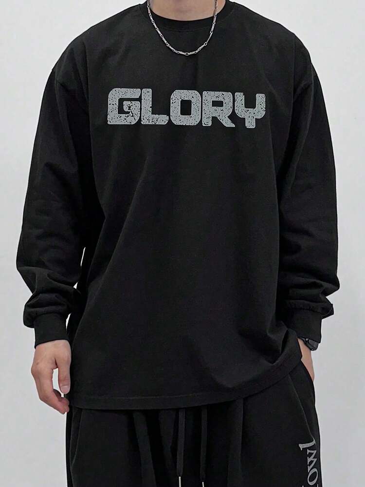 Men's Distressed Letter Print Black T-Shirt, Autumn