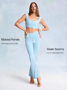 GLOWMODE 31" FeatherFit™-Ribbed Fierce Flare Buttery-Soft Curved Seam Waistband Ribbed Flared Leggings Low Impact Daily Casual Studio Yoga Wear - Blue Day - View 4