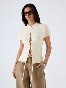 LYSMO Áo dệt kim tay ngắn cổ đứng màu trắng kem trơn, kiểu dáng tối giản, hàng mới về năm 2026, thích hợp mặc đi chơi trong kỳ nghỉ xuân/hè. - Màu be - Xem 6