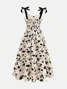 SHEIN 少女修身蝴蝶结肩带印花优雅中长连衣裙 - 杏色 - 查看 2