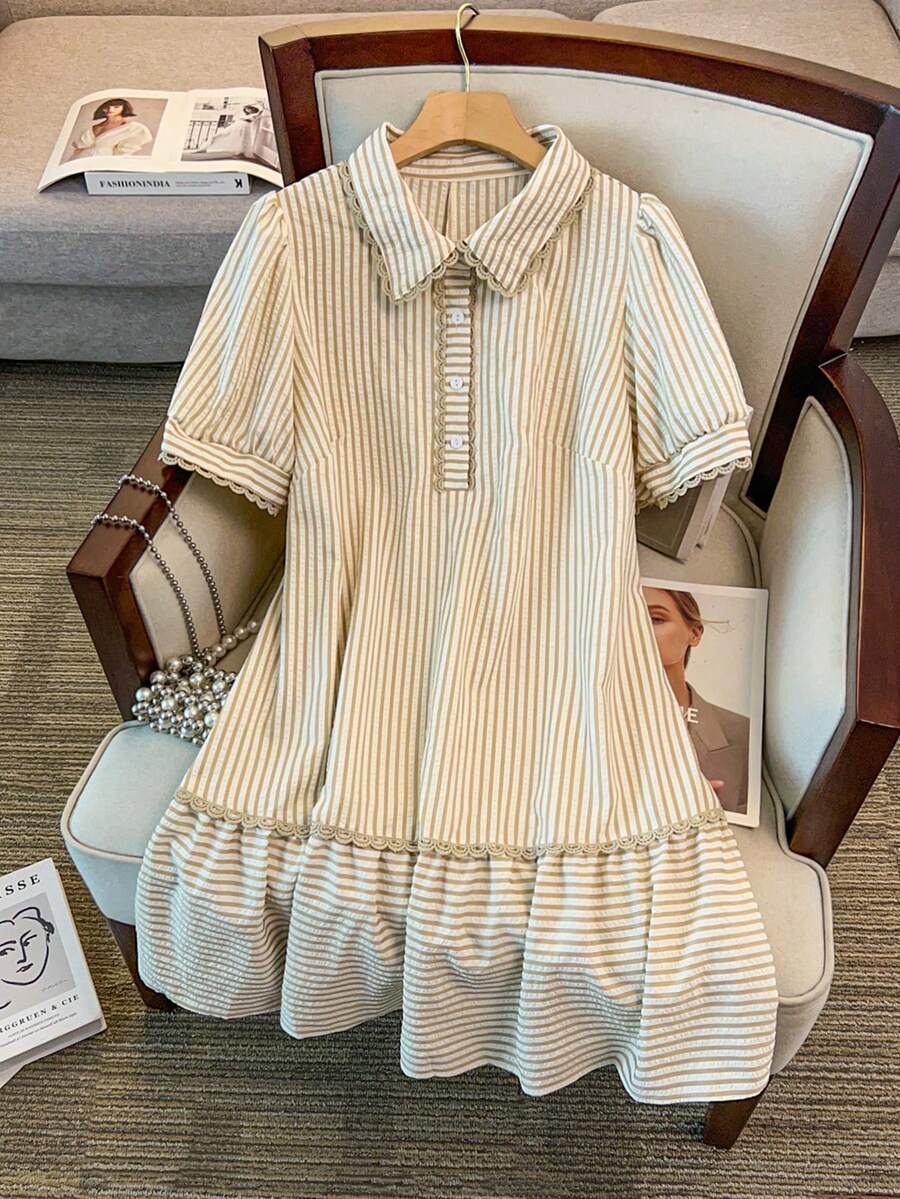 SHEIN Clasi Đầm nữ cỡ lớn kẻ sọc cổ bẻ, đầm thường ngày, đầm đi nghỉ mát, đầm ngoài trời. - Màu be - Xem 1