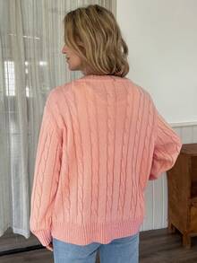 Livesso كارديجان كيبل محبوك بتطريز وحيد الصدر للنساء للاستخدام اليومي والتنقل، خريف/شتاء - وردي - مشاهدة 3