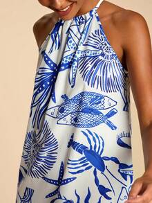 Travachic Women's Casual Halter Neck Ocean & Tropical Pattern Vacation Dress - Blue and White - View 6