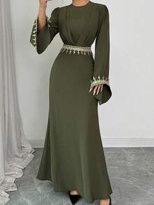 SHEIN Elenzya Váy dài màu xanh lá cây thanh lịch dành cho nữ, Váy năm mới, Trang phục Lễ Tạ ơn, Váy dự tiệc thanh lịch, Váy dự tiệc dài, Váy dự tiệc cưới, Váy dạ hội cưới thời trang, Váy lấp lánh - xanh quân đội - Xem 3