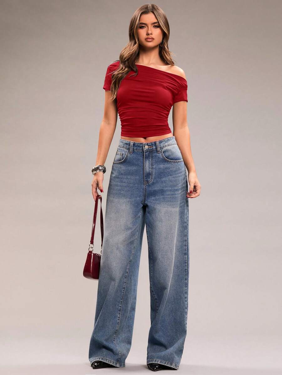 SHEIN BAE Women's Solid Color Ruched Asymmetric Shoulder Casual Short Sleeve T-Shirt - Red - View 1