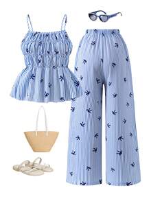 Teenage Girls Vacation Sweet Striped Bow Graphic Print Ruffle Hem Cropped Cami Top + Loose Wide Leg Woven Vest 2 Piece Set